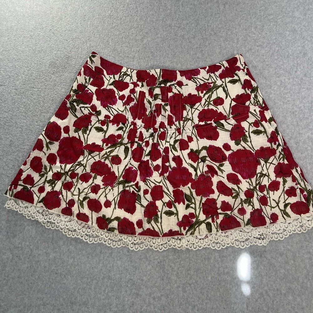 ANNA SUI for Anthro Mini Skirt Cream Red Floral Lace Hem Cotton Silk Sz 12